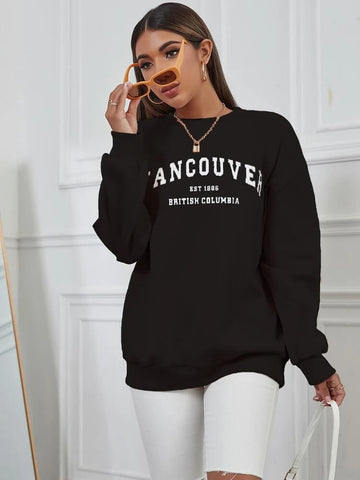 Deep Black Color Women's Comfortable Graphic Print Sweatshirt