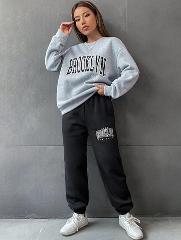 Black and Dark Grey Color Graphic Printed Women's Comfortable Set